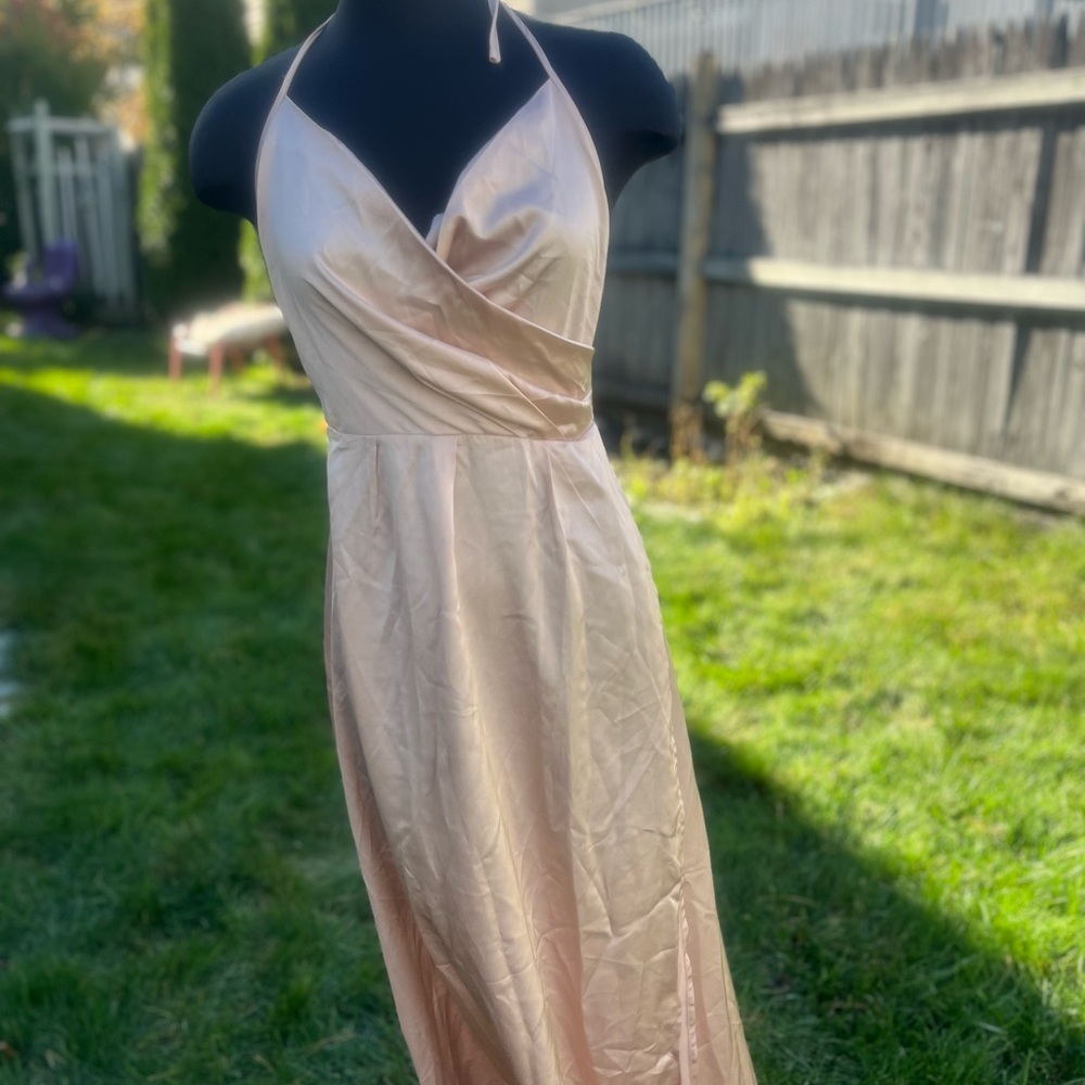 PrettyLittleThing Backless Satin Dress in champagne